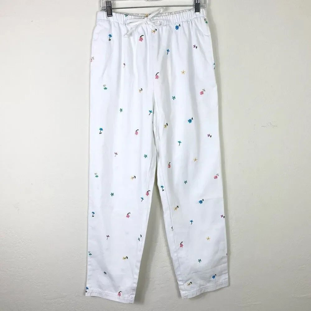 Denim & Co. White Denim Floral Embroidered High Rise Jeans Size M